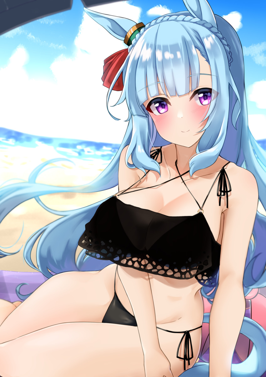 1girl animal_ears beach bikini black_bikini blue_hair blue_sky blush braid breasts commentary_request crown_braid day groin highres horse_ears komb large_breasts long_hair looking_at_viewer mejiro_ardan_(umamusume) outdoors partial_commentary purple_eyes side-tie_bikini_bottom sitting sky smile solo stomach swimsuit tail thighs umamusume very_long_hair