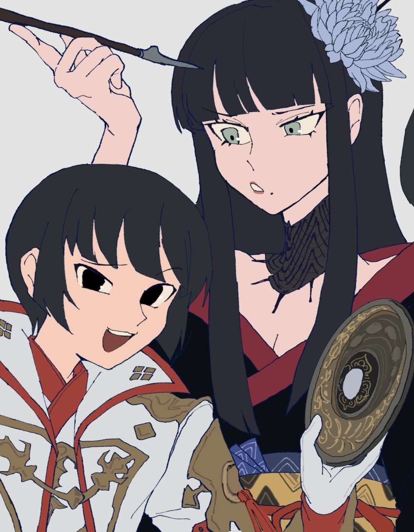 1boy 1girl asahi_sas_brutus black_collar black_eyes black_hair black_kimono blunt_bangs bowl_cut brother_and_sister collar final_fantasy final_fantasy_xiv flat_color flower glaa_da gloves green_eyes grey_background hair_flower hair_ornament hand_up highres holding holding_mirror holding_smoking_pipe hyur jacket japanese_clothes kimono kiseru long_hair looking_at_another looking_at_viewer mirror mole mole_under_mouth no_pupils obi obiage obijime open_mouth sash short_hair siblings sidelocks simple_background smile smoking_pipe straight_hair uneven_eyes upper_body white_gloves white_jacket yotsuyu_goe_brutus