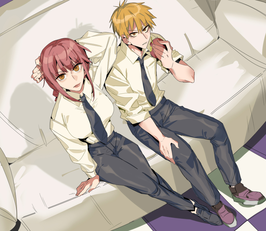 1boy 1girl absurdres black_necktie black_pants blonde_hair braid braided_ponytail chainsaw_man couch denji_(chainsaw_man) from_above full_body hashtag-only_commentary highres looking_at_viewer makima_(chainsaw_man) necktie on_couch pants pink_hair ringed_eyes shirt short_hair short_sleeves sidelocks white_shirt xi_luo_an_ya