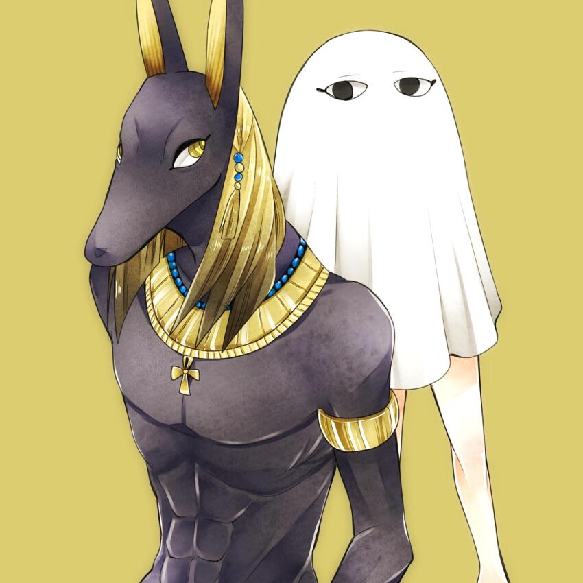 1boy 1other abs absurdres ancient_egyptian animal_ears anubis_(mythology) armlet bare_legs black_skin blonde_hair colored_skin egyptian_mythology highres jackal jackal_boy jackal_ears jewelry male_focus masumofu medjed_(mythology) necklace pectorals simple_background yellow_background yellow_eyes