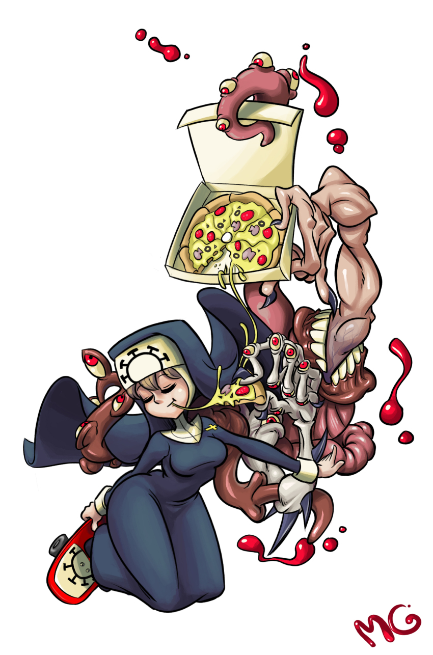 1girl alex_ahad_(style) artist_name blonde_hair breasts closed_eyes cross cross_necklace double_(skullgirls) drawfag dual_persona extra_mouth food habit highres hip_focus holding impossible_clothes jewelry large_breasts mario_grant mutant necklace nun parody pizza red_eyes signature simple_background skateboard skullgirls smile teeth tentacles white_background wide_hips