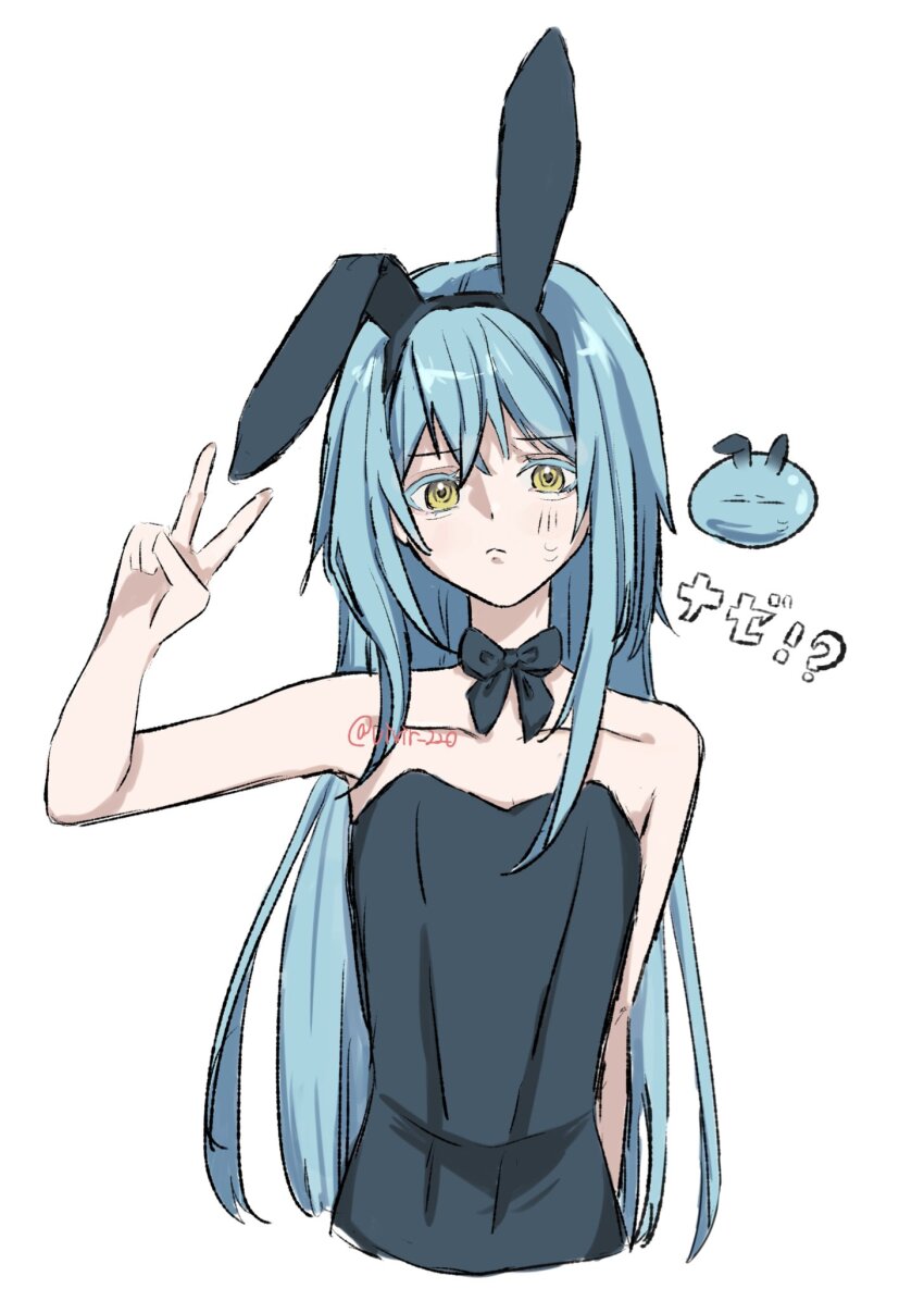 1boy animal_ears blue_hair fake_animal_ears genderswap genderswap_(otm) highres leotard long_hair looking_at_viewer playboy_bunny rabbit_ears rimuru_tempest simple_background solo tensei_shitara_slime_datta_ken vivir_220 white_background yellow_eyes