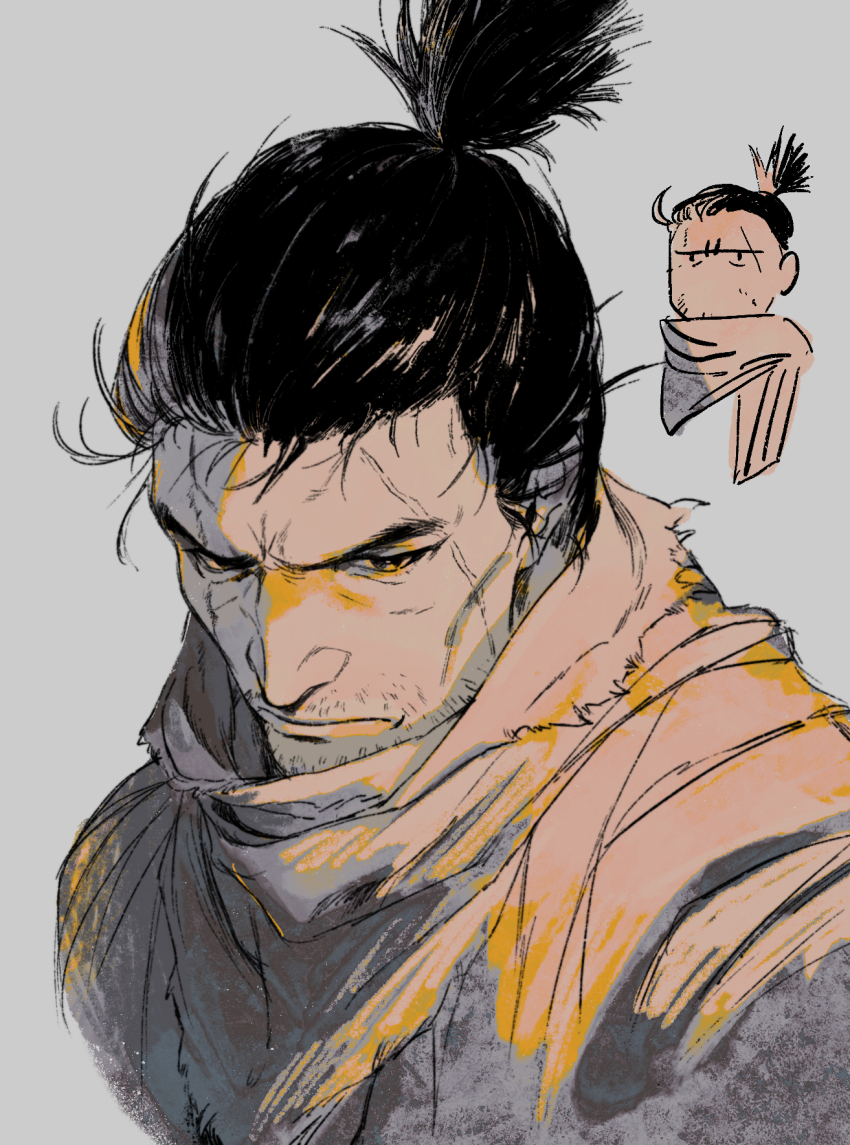 1boy black_hair closed_mouth expressionless grey_background highres inset limited_palette male_focus piyomotsu portrait scar scar_on_face sekiro sekiro:_shadows_die_twice simple_background solo topknot