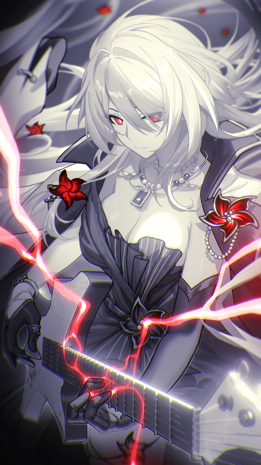 1girl absurdres acheron_(honkai:_star_rail) acheron_(star_rail_live_2025)_(honkai:_star_rail) asymmetrical_gloves black_gloves breasts bright_pupils chinese_commentary chromatic_aberration cleavage closed_mouth commentary_request cowboy_shot elbow_gloves electric_guitar electricity flower gloves guitar highres honkai:_star_rail honkai_(series) instrument jewelry large_breasts limited_palette long_hair looking_at_viewer madyy multicolored_hair necklace official_alternate_costume red_eyes red_flower single_elbow_glove solo streaked_hair uneven_gloves white_hair white_pupils