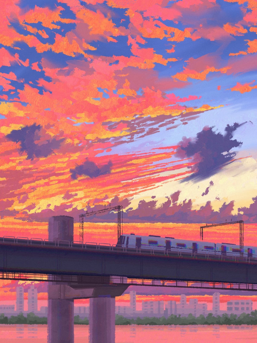 absurdres blue_sky bridge building city cloud cloudy_sky evening fangpeii gradient_sky highres no_humans original scenery sky train water yellow_sky