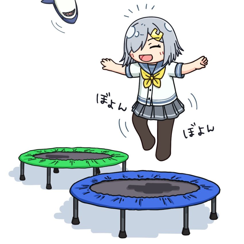 1girl black_pantyhose commentary_request closed_eyes grey_hair grey_sailor_collar grey_skirt hair_ornament hair_over_one_eye hairclip hama!_(3toshinhmkz) hamakaze_(kancolle) kantai_collection neckerchief no_nose pantyhose pleated_skirt sailor_collar school_uniform serafuku short_hair simple_background skirt smile solo stuffed_animal stuffed_shark stuffed_toy trampoline white_background yellow_neckerchief