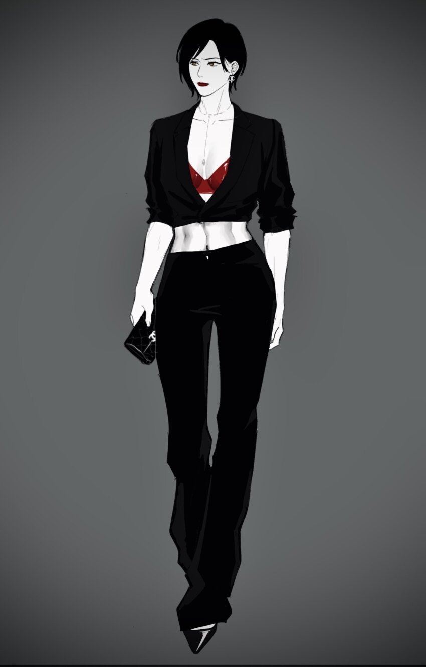 1girl aaamber_22 abs ada_wong alternate_costume bag black_hair black_pants black_shoes bra breasts cleavage cropped_jacket earrings full_body grey_background handbag highres holding holding_bag jewelry medium_breasts midriff monochrome navel necklace pale_skin pants parted_bangs plunging_neckline red_bra red_lips resident_evil shoes short_hair sleeves_rolled_up solo underwear vignetting