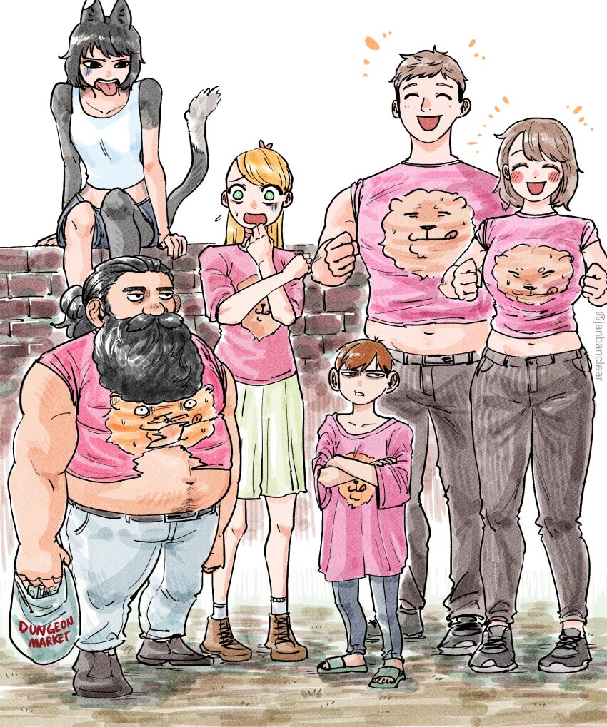 &lt;o&gt;_&lt;o&gt; 3boys 3girls :d ^_^ alternate_costume animal_ears bag beard black_eyes black_hair blonde_hair body_fur boots brick_wall brown_hair casual cat_ears cat_girl cat_tail chilchuck_tims clenched_hands closed_eyes contemporary denim denim_shorts disdain disgust dress_shoes dungeon_meshi facial_hair falin_touden falin_touden_(tallman) flying_sweatdrops full_beard green_eyes green_skirt grin grocery_bag group_picture hair_pulled_back happy_aura highres holding holding_bag humanization izutsumi janbanclear laios_touden long_beard long_hair low_ponytail marcille_donato midriff multiple_boys multiple_girls mustache navel navel_hair nervous_sweating open_mouth outdoors oversized_clothes pink_shirt plastic_bag pleated_skirt ponytail red_hair sandals senshi_(dungeon_meshi) shirt shoes shopping_bag short_hair shorts sideburns_stubble simple_background sitting sitting_on_wall skirt slides smile sneakers stubble sweat swept_bangs t-shirt tail tank_top thick_beard thick_mustache tongue tongue_out torn_clothes turn_pale twitter_username unamused undersized_clothes very_short_hair white_background white_tank_top winged_lion_(dungeon_meshi)
