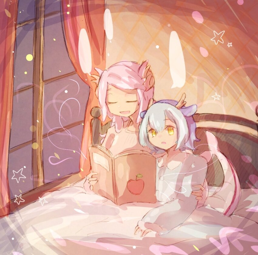 2girls bed blanket blue_hair book closed_eyes dragon_girl dragon_horns dragon_tail duel_monster eastern_dragon_horns hair_between_eyes holding holding_book horns laundry_dragonmaid multiple_girls nurse_dragonmaid on_bed open_mouth pink_hair reading short_hair smile tail tanuki_sanbou window yellow_eyes yu-gi-oh!