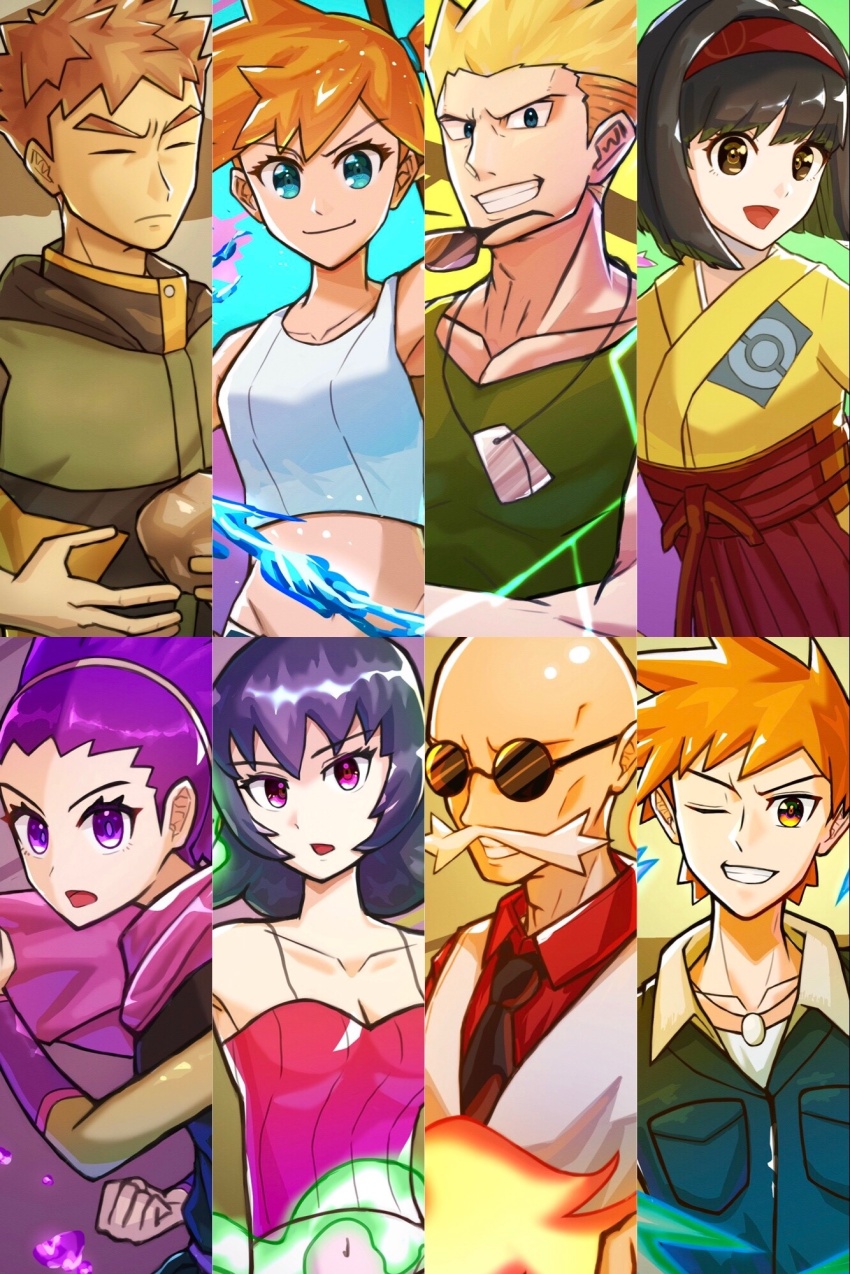 4boys 4girls asymmetrical_hair black_hair black_skirt blaine_(pokemon) blue_eyes blue_oak breasts brock_(pokemon) denim denim_shorts erika_(pokemon) gym_leader hair_tie highres janine_(pokemon) japanese_clothes kimono long_hair medium_breasts misty_(pokemon) multiple_boys multiple_girls natupath_summer navel nintendo orange_hair pokemon pokemon_frlg pokemon_hgss pokemon_lgpe ponytail red_eyes robe sabrina_(pokemon) shirt short short_hair shorts side_ponytail skirt smile surge_(pokemon) white_shirt