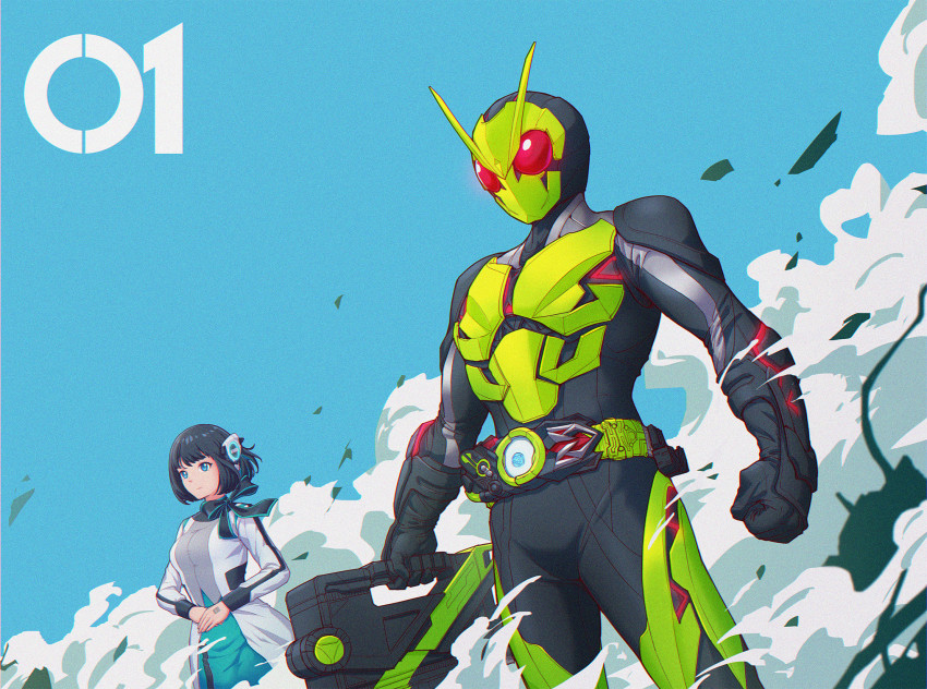1boy 1girl animification antennae attache_calibur black_bodysuit black_hair black_ribbon blue_eyes bodysuit bug clear_sky clenched_hand commentary cropped_legs debris dust_cloud grasshopper headphones highres hime_cut holding humagear_headphones insect is_(kamen_rider_01) kamen_rider kamen_rider_01_(series) kamen_rider_zero-one red_eyes ribbon rider_belt robot_ears short_hair sky standing tokusatsu wang_peihao zero_one_driver