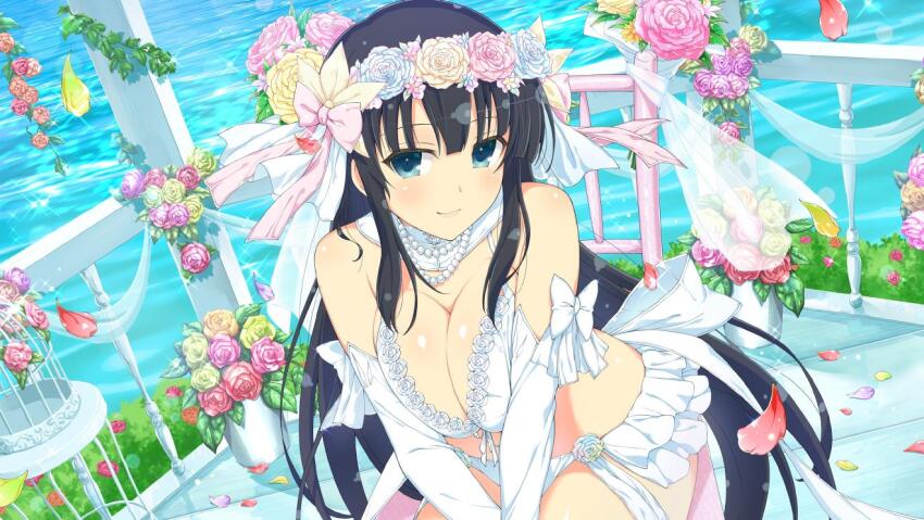 1girl banister birdcage black_hair blue_eyes blush breasts breasts_squeezed_together bridal_lingerie bridal_veil bride bush cage cleavage day falling_petals flower gloves green_flower green_rose hair_flower hair_ornament ikaruga_(senran_kagura) jewelry lace_trim large_breasts leaf lingerie long_hair looking_at_viewer multicolored_flower multicolored_rose necklace ocean official_alternate_costume official_art panties pearl_necklace petals pink_flower pink_rose purple_flower purple_rose red_flower red_rose rose senran_kagura senran_kagura_new_link senran_kagura_shoujo-tachi_no_shin&#039;ei smile solo underwear veil very_long_hair water white_flower white_gloves white_panties yaegashi_nan yellow_flower yellow_rose