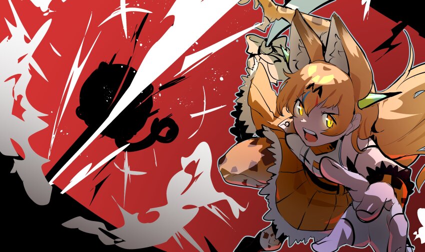 1girl absurdres alternate_tail animal_ears animal_print bare_shoulders blonde_hair bow cat_ears cat_print cellien_(kemono_friends) dragon_girl dragon_serval_(kemono_friends) dragon_tail fingerless_gloves frilled_gloves frills gloves hair_between_eyes high-waist_skirt highres horns kemono_friends kemono_friends_3 long_hair multicolored_horns necktie print_gloves print_necktie print_thighhighs rainbow_horns riri_(dgra3272) shirt skirt sleeveless solo tail tail_bow tail_ornament thighhighs white_shirt yellow_eyes yellow_gloves yellow_necktie yellow_skirt yellow_thighhighs