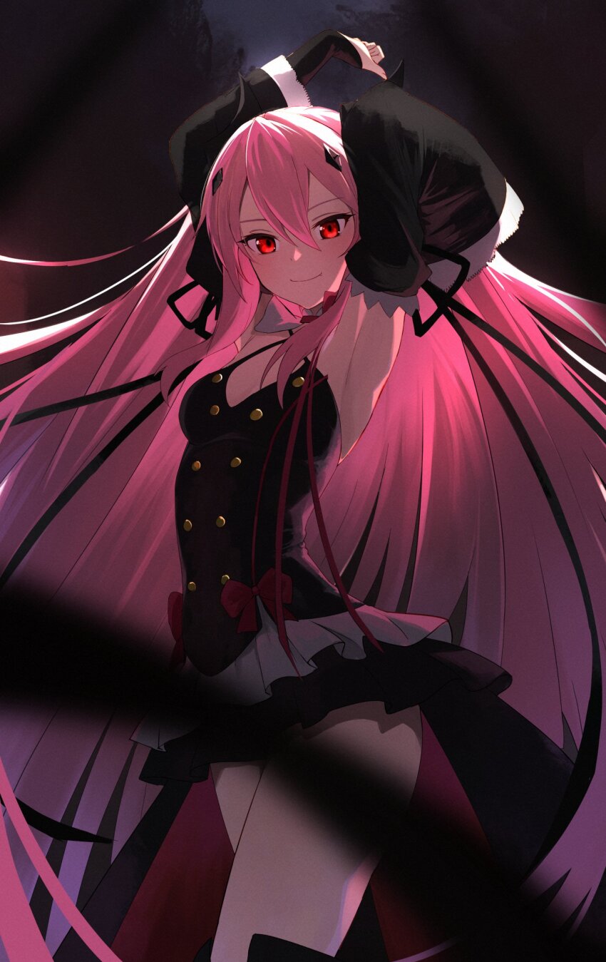 1girl absurdres black_dress black_ribbon breasts closed_mouth cowboy_shot criss-cross_halter detached_sleeves dress frills furai_sen halterneck highres krul_tepes long_hair owari_no_seraph pink_hair red_eyes ribbon small_breasts smile solo very_long_hair