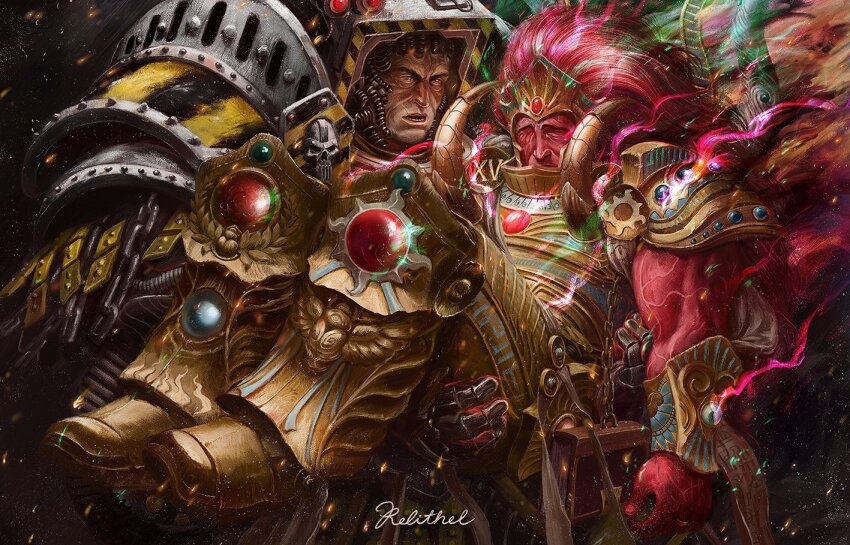 2boys ancient_egyptian_hat armor armored_boots artist_name blue_gemstone book boots breastplate carrying carrying_person colored_skin commentary cuirass english_commentary full_armor full_body gauntlets gem greaves grimoire hazard_stripes horns injury iron_warriors leg_armor light_trail long_hair magic magnus_the_red male_focus mechabare missing_eye multiple_boys open_mouth ornate_armor pauldrons perturabo poleyn power_armor primarch princess_carry realistic red_gemstone red_hair red_skin relithel rerebrace rescue scarab shoulder_armor teeth the_crown_of_the_crimson_king thousand_sons upper_body warhammer_40k