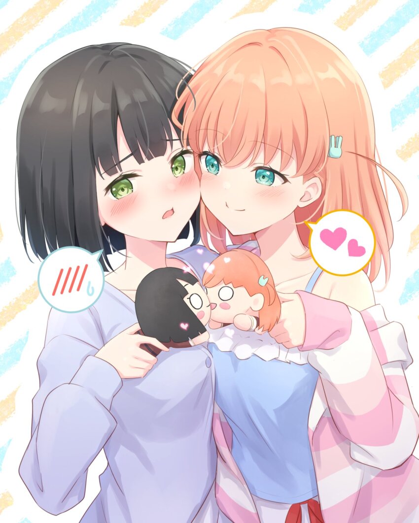 2girls aqua_eyes averting_eyes black_hair blue_background blue_camisole blue_cardigan blunt_bangs blunt_ends blush breast_press breasts camisole cardigan character_doll character_name cheek-to-cheek closed_mouth collarbone commentary cover cover_page crossed_bangs diagonal-striped_background doll dolls_kissing english_text green_eyes hair_ornament hanazora_satsuki hashtag-only_commentary heads_together heart highres hinoshita_kaho holding holding_doll holiday_holiday_(love_live!) jacket link!_like!_love_live! long_sleeves looking_at_another love_live! medium_breasts medium_hair mixed-language_text momose_ginko momose_ginko_(summer_loungewear) multiple_girls nesoberi official_alternate_costume open_clothes open_jacket open_mouth orange_background orange_hair pink_jacket rabbit_hair_ornament short_hair sideways_glance single_off_shoulder smile speech_bubble split_mouth spoken_blush spoken_heart striped_background striped_clothes striped_jacket symmetrical_docking translation_request two_side_up upper_body virtual_youtuber yuri