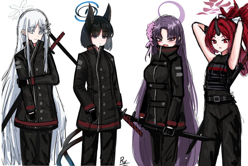 4girls :d animal_ears armpits arms_behind_head arms_up bare_shoulders black_hair black_jacket black_pants black_shirt blue_archive breasts brown_eyes cat_ears cat_girl cat_tail closed_mouth colored_eyelashes commentary english_commentary fang grey_eyes grey_hair halo highres holding holding_sheath horns hyakkaryouran_(blue_archive) inktober jacket katana kikyou_(blue_archive) library_of_ruina limbus_company medium_breasts multiple_girls multiple_tails nagusa_(blue_archive) open_mouth pants parted_bangs parted_lips project_moon purple_hair red_eyes red_hair renge_(blue_archive) rylaera sheath sheathed shi_association_south_uniform shirt short_hair signature simple_background single_horn sleeveless sleeveless_shirt smile sword tail thick_eyebrows two_tails v-shaped_eyebrows weapon white_background yukari_(blue_archive)