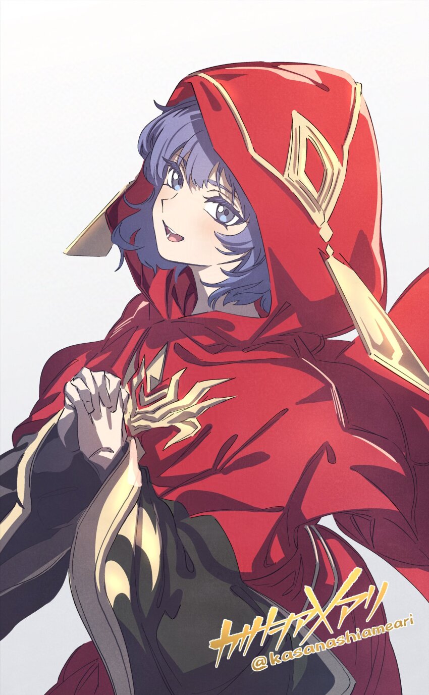 1girl absurdres blue_eyes blue_hair cowboy_shot duel_monster highres hood hood_up kasanashiameari lo_the_prayers_of_the_voiceless_voice looking_at_viewer medium_hair own_hands_clasped own_hands_together red_hood red_robe robe smile solo twitter_username white_background wide_sleeves yu-gi-oh!