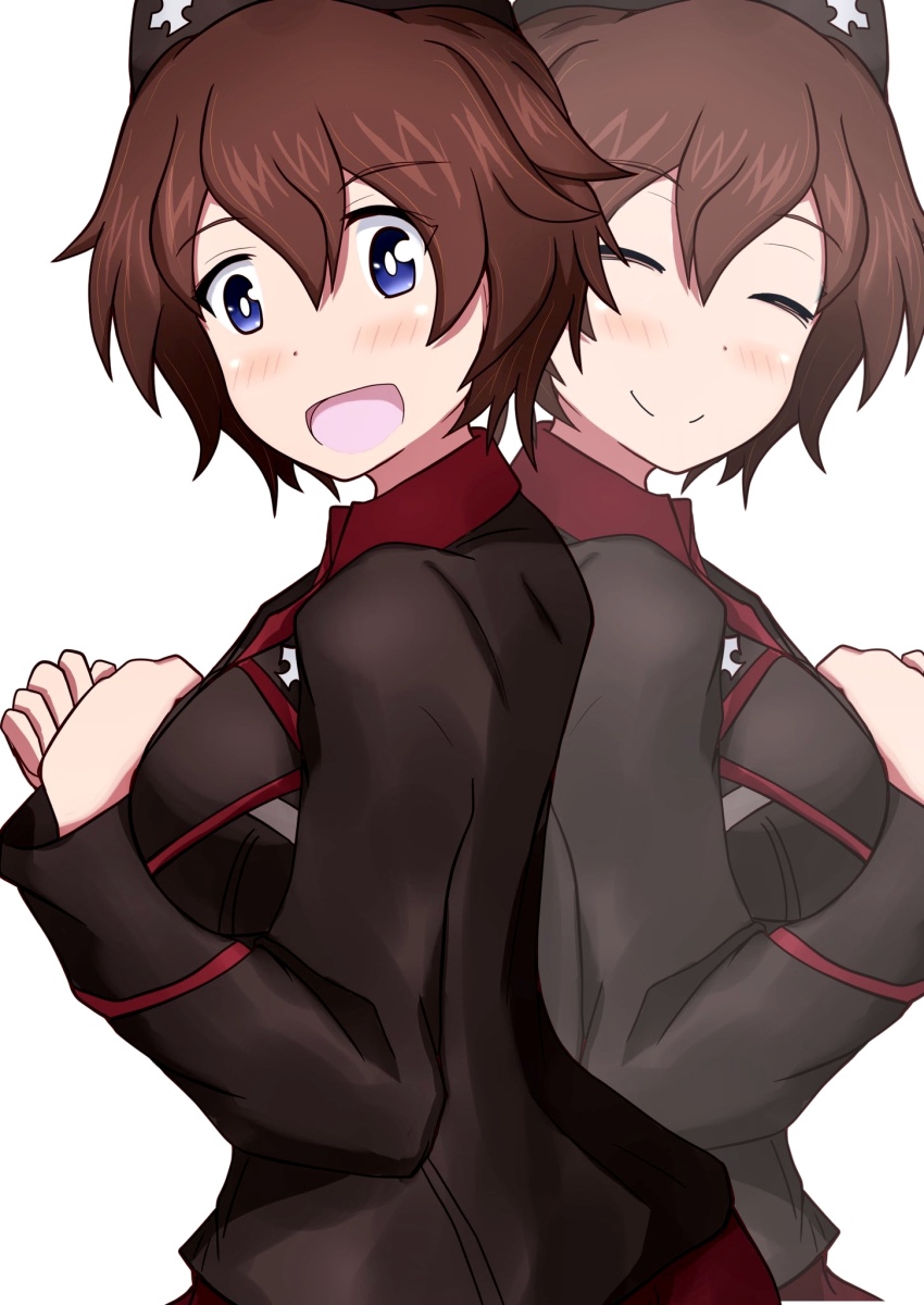 1girl ^_^ akaboshi_koume black_jacket blue_eyes breasts brown_hair closed_eyes cowboy_shot from_side garrison_cap girls_und_panzer hands_on_own_chest hat highres jacket kuromorimine_military_uniform large_breasts meiya multiple_views red_shirt red_skirt shirt short_hair skirt smile white_background