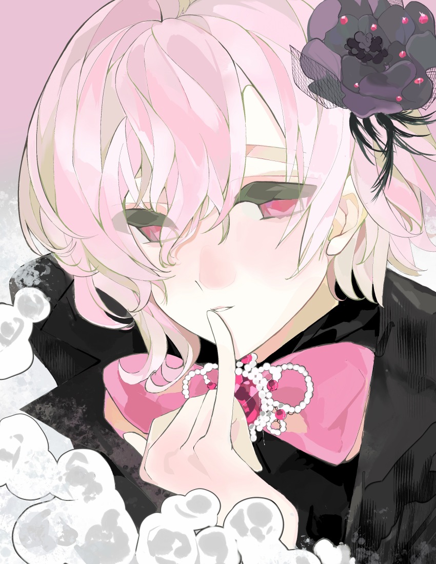 1boy absurdres black_coat black_shirt blush bow coat collared_coat finger_to_mouth flower hair_flower hair_ornament hand_up highres idolish7 jewelry kujou_tenn looking_at_viewer male_focus nose_blush open_mouth parted_bangs parted_lips pink_background pink_bow pink_brooch pink_eyes pink_hair shirt smile snow solo wavy_hair