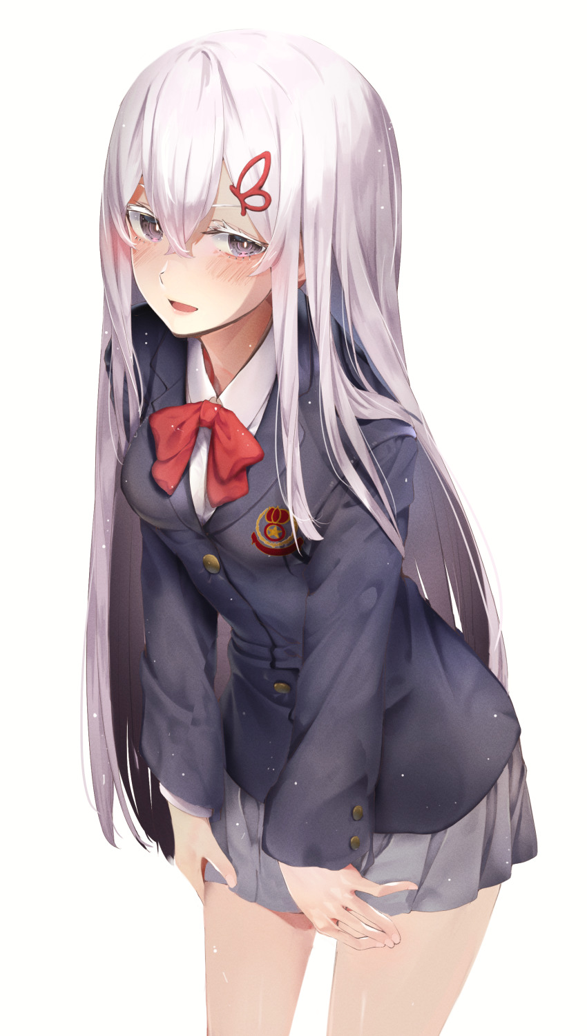 1girl absurdres black_jacket blazer blush bow bowtie breasts colored_eyelashes echidna_(re:zero) grey_skirt hair_between_eyes highres jacket light_purple_hair long_hair long_sleeves looking_at_viewer medium_breasts miniskirt pleated_skirt purple_eyes re:zero_kara_hajimeru_isekai_seikatsu red_bow red_bowtie simple_background skirt solo standing white_background white_eyelashes white_hair yuunamida_uyu