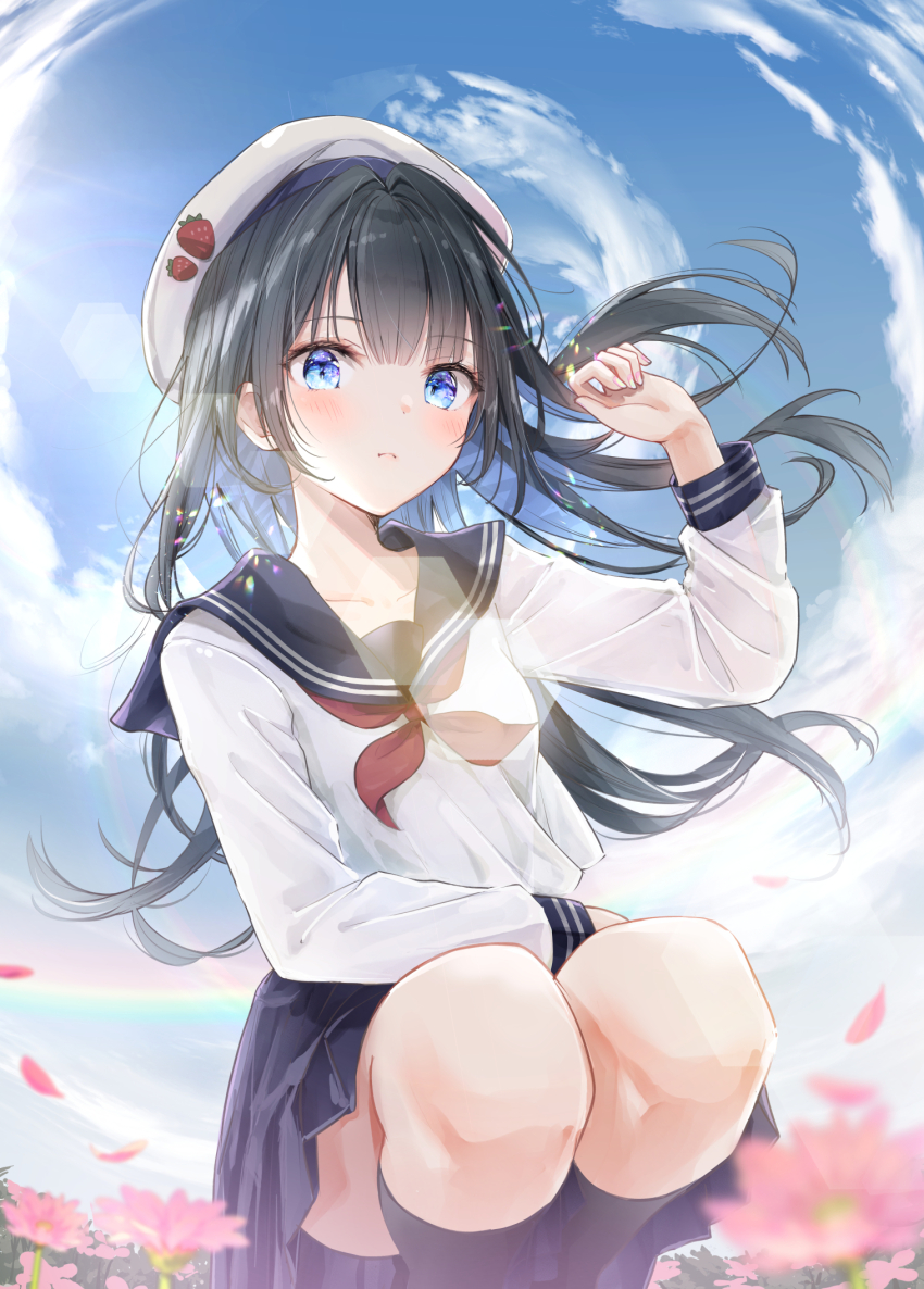 1girl akasaka_asa beret black_hair black_sailor_collar black_skirt black_socks blue_eyes blue_hair blue_sky blush breasts colored_inner_hair commentary_request feet_out_of_frame floating_hair hair_intakes hat highres kneehighs long_hair long_sleeves looking_at_viewer miniskirt multicolored_hair neckerchief original parted_lips pleated_skirt red_neckerchief sailor_collar school_uniform see-through_clothes see-through_shirt serafuku shirt skirt sky small_breasts socks solo strawberry_hat_ornament white_hat