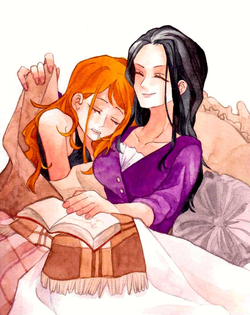 2girls ^_^ black_hair book cardigan closed_eyes couch highres long_hair multiple_girls nami_(one_piece) nico_robin on_couch one_piece orange_hair pillow pink_nails purple_cardigan scarf sinoda_maru7326 sleeping smile traditional_media white_background