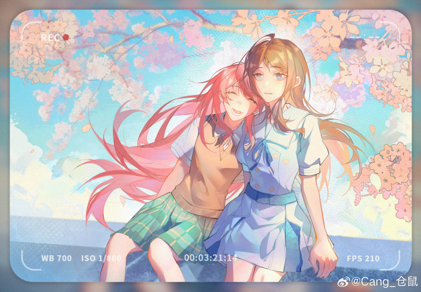 2girls absurdres bang_dream! bang_dream!_it&#039;s_mygo!!!!! blue_background blue_eyes blue_ribbon brown_hair brown_sweater_vest cang_(akaga204) cherry_blossoms chihaya_anon chinese_commentary closed_eyes collared_shirt commentary_request day dress fang green_eyes green_skirt haneoka_school_uniform highres leaning_on_person long_hair looking_at_viewer multiple_girls nagasaki_soyo neck_ribbon open_mouth outdoors parted_lips pink_hair plaid_clothes plaid_skirt pleated_skirt recording ribbon school_uniform shirt short_sleeves sidelocks sitting skin_fang skirt smile sweater_vest tsukinomori_school_uniform viewfinder white_dress white_shirt yuri