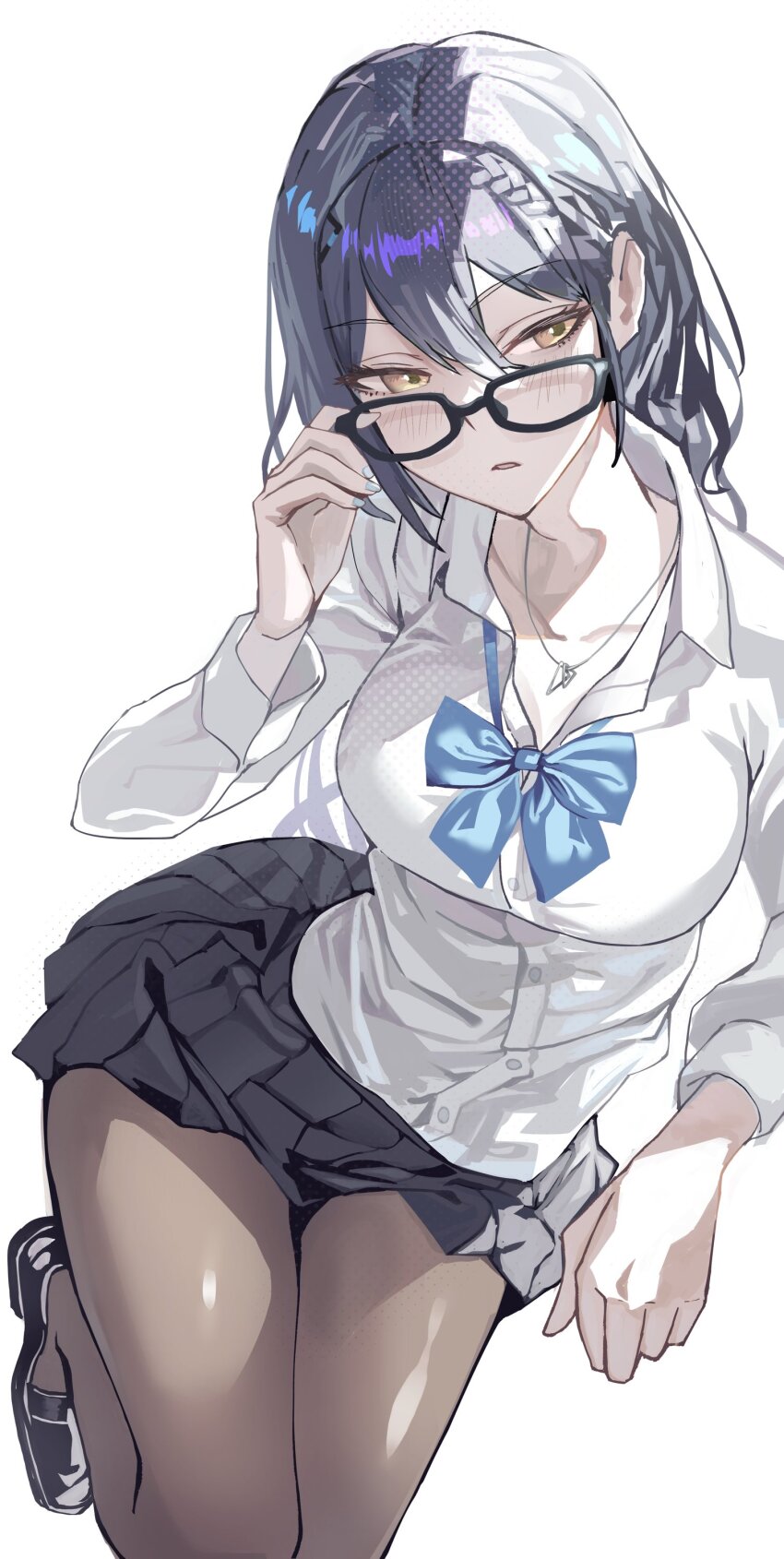 1girl absurdres aogiri_koukou black_hair black_pantyhose black_shoes black_skirt blue_bow blue_bowtie blue_nails blush bow bowtie collarbone collared_shirt dress_shirt etra_(icetea) fujita_(condor) glasses hashtag-only_commentary highres jewelry long_hair necklace open_mouth pantyhose pleated_skirt shirt shoes simple_background skirt solo virtual_youtuber white_background white_shirt yellow_eyes