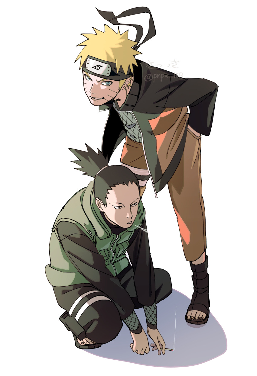 2boys absurdres black_eyes black_hair black_pants black_shirt blonde_hair blue_eyes boots cigarette facial_mark forehead_protector full_body green_vest hand_in_pocket highres holding holding_cigarette jacket konohagakure_shinobi_uniform konohagakure_symbol long_sleeves looking_at_viewer male_focus multiple_boys nara_shikamaru naruto_(series) naruto_shippuuden open-toe_boots open_clothes open_jacket orange_pants pants pnpk_1013 ponytail shirt short_ponytail smile spiked_hair squatting twitter_username uzumaki_naruto vest whisker_markings