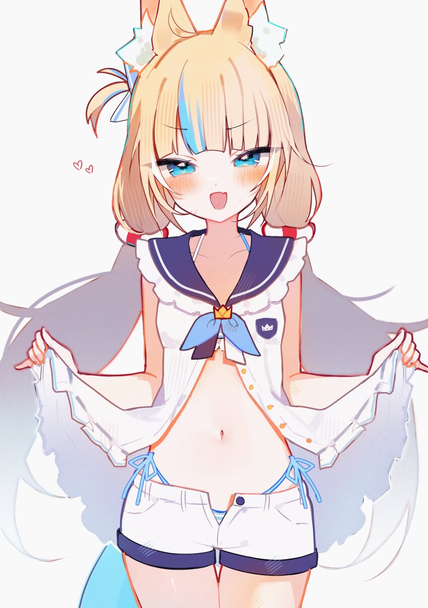 1girl absurdres ahoge animal_ear_fluff animal_ears bikini bikini_under_clothes bikini_under_shorts blonde_hair blue_eyes blue_hair blue_sailor_collar blush cat_ears clothes_lift commentary cowboy_shot dress dress_lift fang fins fish_girl fish_tail hair_ornament heart highleg highleg_bikini highres indie_virtual_youtuber lifting_own_clothes long_hair looking_at_viewer low_twintails meiwowowo multicolored_hair navel one_side_up open_fly open_mouth sailor_collar sailor_dress sameko_saba short_shorts shorts side-tie_bikini_bottom simple_background skin_fang sleeveless sleeveless_dress smile solo standing streaked_hair striped_bikini striped_clothes swimsuit symbol-only_commentary tail thigh_gap twintails very_long_hair virtual_youtuber white_background white_dress white_shorts