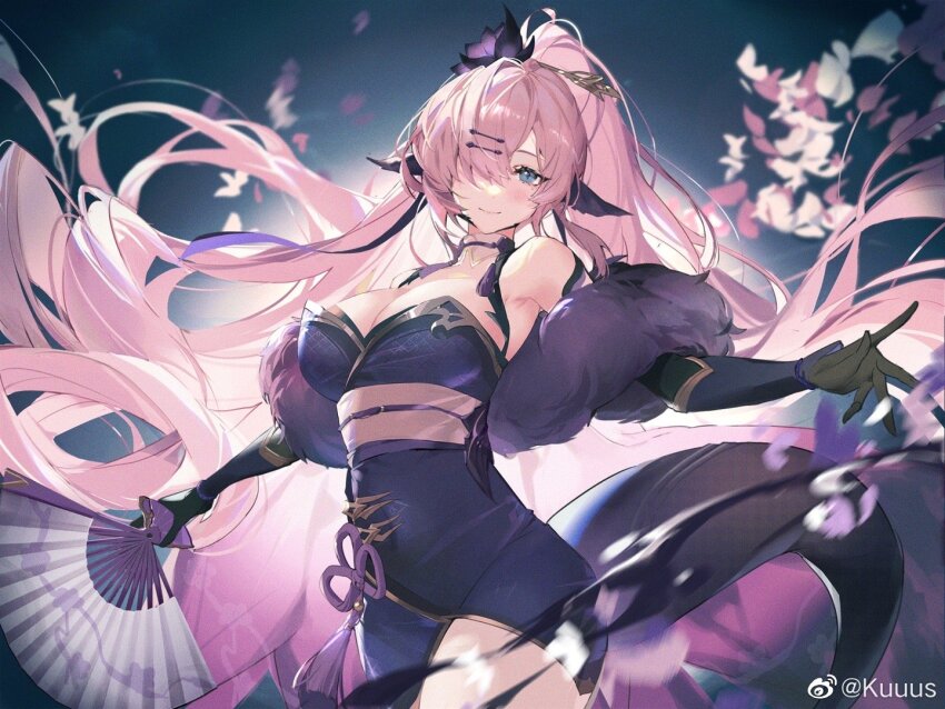 1girl animal_ears black_flower black_gloves black_tail blue_background blue_dress blue_eyes breasts character_request chinese_commentary cleavage closed_mouth collar commentary_request cowboy_shot detached_collar detached_sleeves dot_nose dragon_ears dragon_tail dress eternal_tree eyelashes floating_hair floral_background flower flower_knot folding_fan fur_shawl gloves hair_flower hair_ornament hairpin hand_fan high_ponytail holding holding_fan kuuus large_breasts light_blush light_particles long_hair long_sleeves looking_at_viewer low_neckline official_art outstretched_arms pink_hair ponytail purple_ribbon purple_shawl purple_sleeves ribbon shawl short_dress slit_pupils smile solo strapless strapless_dress tail tassel very_long_hair watermark weibo_watermark white_collar