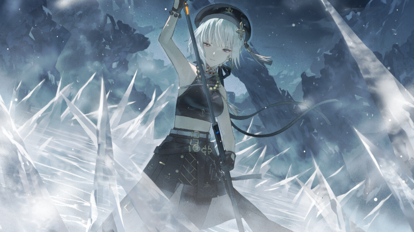 1girl bead_necklace beads beret black_eyes black_gloves black_hat black_pantyhose black_ribbon black_shirt black_skirt breasts closed_mouth commentary_request cowboy_shot crop_top drawing_sword fagi_(kakikaki) gloves hair_ribbon hat heterochromia high-low_skirt holding holding_sword holding_weapon ice jewelry large_breasts long_ribbon necklace pantyhose partial_commentary red_eyes ribbon sanhua_(wuthering_waves) scabbard sheath shirt short_hair skirt sleeveless sleeveless_shirt solo sword thigh_strap unsheathing weapon white_hair wuthering_waves