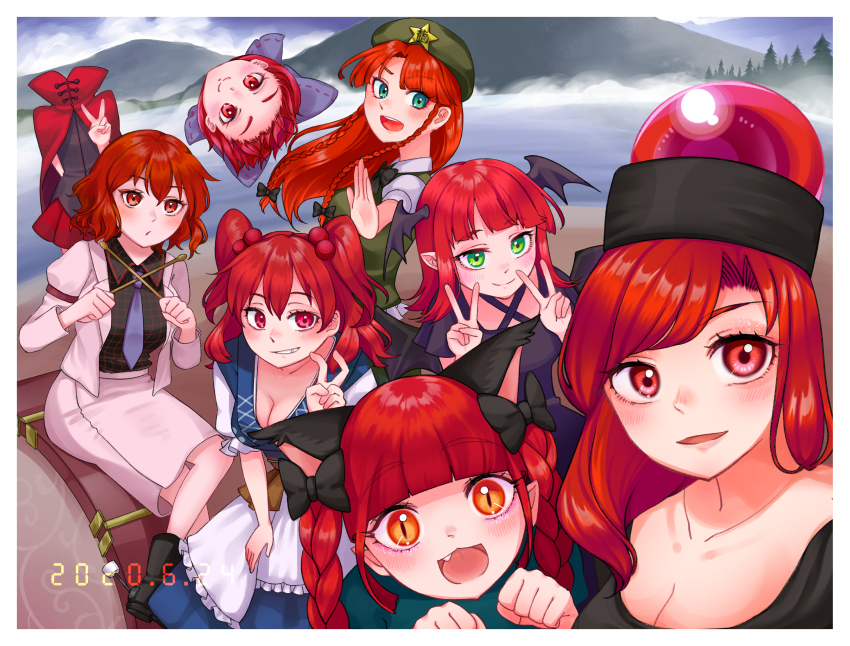 6+girls :/ :d alternate_eye_color black_bow black_dress blue_neckwear blunt_bangs bow braid breasts capelet cleavage closed_mouth collarbone color_connection commentary dated disembodied_head double_v dress drum drumsticks fang green_eyes grin hair_bow hair_color_connection head_wings hecatia_lapislazuli highres hong_meiling horikawa_raiko instrument jacket kaenbyou_rin koakuma lake long_hair looking_at_viewer medium_hair multiple_girls necktie onozuka_komachi open_mouth orange_eyes outdoors paw_pose red_capelet red_eyes red_hair red_theme satsuki_mei_(17maymay14) segment_display sekibanki short_hair slit_pupils smile swept_bangs teeth touhou trait_connection v white_jacket wings