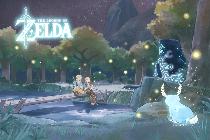black_pants blonde_hair blupee boots bridge brown_pants commentary fireflies highres kchang57 leather leather_boots link nature night night_sky nintendo pants princess_zelda river scenery sitting sky sword sword_on_back the_legend_of_zelda the_legend_of_zelda:_breath_of_the_wild tree weapon weapon_on_back wide_shot wooden_bridge
