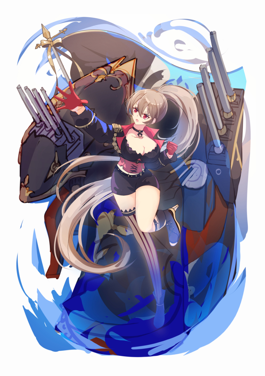 1girl azur_lane boots breasts brown_hair canons choker cleavage corset flag gloves hair_between_eyes half_gloves hane_(feathe02) high_heels high_ponytail highres jean_bart_(azur_lane) knee_boots large_breasts long_hair looking_up o-ring o-ring_choker ponytail red_corset red_eyes shorts single_knee_boot skull_belt solo striped_clothes striped_thighhighs thighhighs vertical-striped_clothes vertical-striped_thighhighs very_long_hair vichya_dominion_(emblem)