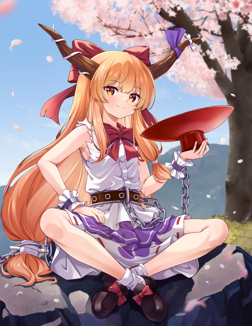 1girl blush bow brown_horns brown_shoes buttons chain cherry_blossoms closed_mouth cuffs cup day full_body hair_bow highres holding holding_cup horns ibuki_suika long_hair looking_at_viewer low-tied_long_hair murasaki_atsushi orange_eyes orange_hair outdoors petals print_skirt purple_skirt red_bow sakazuki shirt shoes sitting skirt smile socks solo torn_clothes torn_sleeves touhou white_shirt white_socks