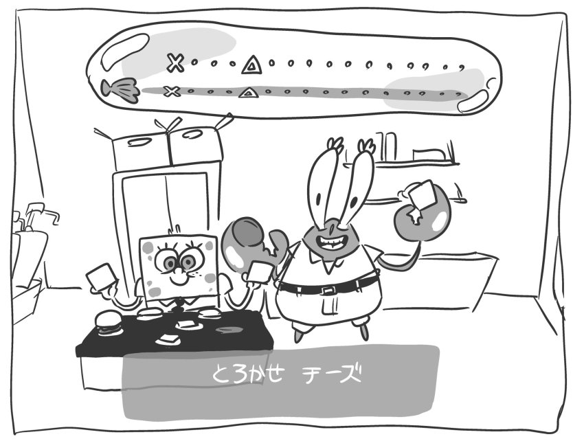 2boys belt eyelashes freckles gameplay_mechanics greyscale griddle highres kipper_goodbreakfast male_focus monochrome mr._krabs multiple_boys no_humans parappa_the_rapper parody spongebob_squarepants spongebob_squarepants_(series)