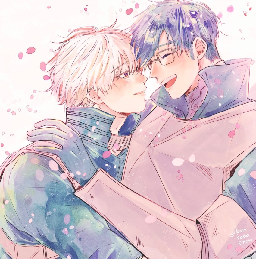 2boys armor boku_no_hero_academia closed_eyes eyelashes glasses gloves hand_on_another&#039;s_shoulder highres hug iida_tenya konsobastew male_focus multiple_boys open_mouth parted_lips petals purple_hair rectangular_eyewear short_hair sideburns teeth todoroki_shoto upper_body upper_teeth_only white_background white_hair yaoi