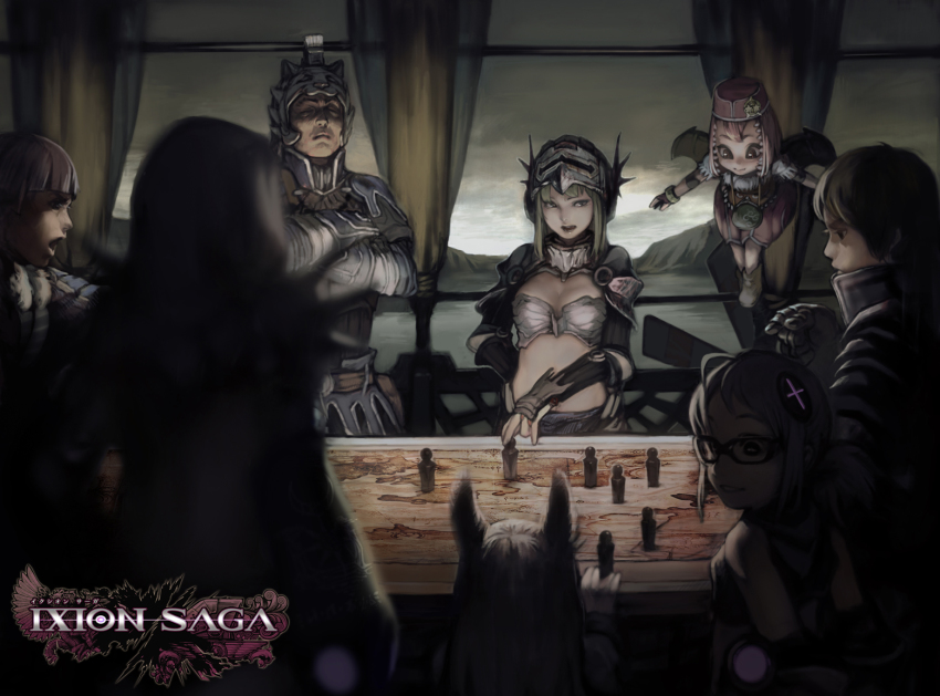 3boys 5girls armor balcony breasts chess_piece cleavage cloud cloudy_sky crossed_arms glasses green_hair helmet hood ixion_saga map meeting multiple_boys multiple_girls pawn_(chess) pink_hair ponytail sky takeyuki15 wings