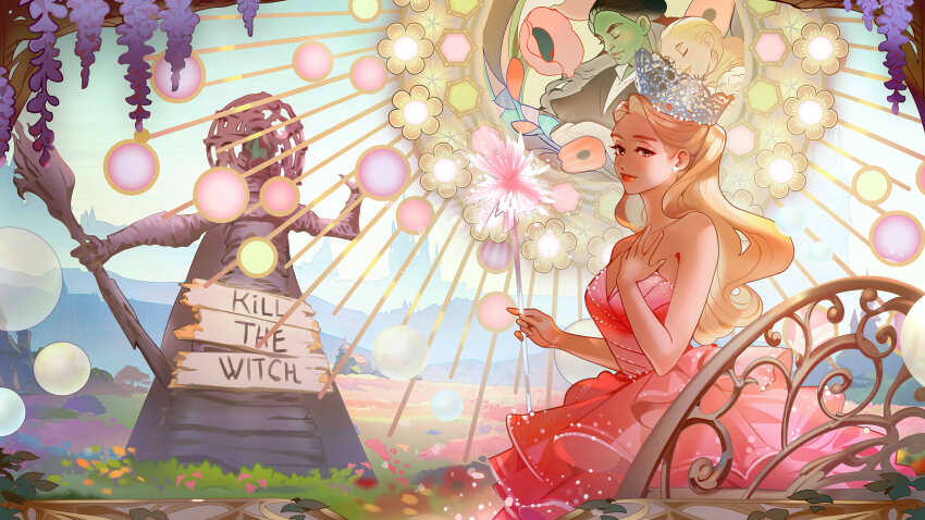 2girls bandal bare_shoulders blonde_hair branch breasts brown_hair cleavage crown dress earrings elphaba_thropp highres holding holding_wand jewelry long_hair multiple_girls parted_lips statue wand wicked wicked_witch_of_the_west
