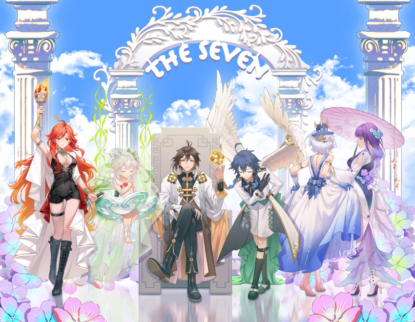 2boys 4girls absurdres adapted_costume ahoge alternate_costume aqua_hair aranara_(genshin_impact) arm_cutout bare_shoulders barefoot bird bird_on_hand black_boots black_gloves black_hair black_pants black_shoes black_socks blue_dress blue_gemstone blue_gloves blue_hair blue_sky boots bowing bracelet braid breasts brown_hair butler_bowing closed_eyes closed_mouth cloud collarbone commentary_request crossed_legs day dress earrings english_text feathered_wings fingernails flower from_behind full_body furina_(genshin_impact) gem genshin_impact gloves gradient_clothes gradient_dress gradient_gloves gradient_hair grass green_hair hair_between_eyes hair_flower hair_ornament hand_up highres holding holding_sword holding_torch holding_weapon hydro_symbol_(genshin_impact) jacket jewelry leaf_hair_ornament long_hair long_sleeves looking_at_viewer low-braided_long_hair low-tied_long_hair male_focus mavuika_(genshin_impact) medium_hair multicolored_hair multiple_boys multiple_girls nahida_(genshin_impact) oil-paper_umbrella on_swing orange_eyes orange_hair outdoors own_hands_clasped own_hands_together pants pointy_ears purple_eyes purple_hair raiden_shogun red_hair robe shoes shorts single_earring sitting skirt_hold sky sleeveless sleeveless_dress smile socks standing stirrup_legwear strapless strapless_dress sun_necklace swing sword tanpopo_(tanpopokkk) thigh_strap toeless_legwear toes torch twin_braids two-tone_hair two-tone_robe umbrella veil venti_(genshin_impact) vision_(genshin_impact) weapon white_boots white_dress white_flower white_gloves white_hair white_jacket white_robe white_shorts white_veil white_wings wide_sleeves wings yellow_eyes yellow_robe zhongli_(genshin_impact)
