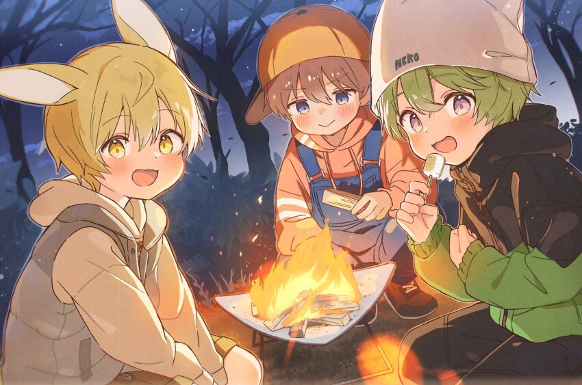 3boys animal_ears blonde_hair blush brown_hair campfire child closed_mouth dot_nose far_tarooo fire_pit food green_hair hair_between_eyes hat highres holding holding_food hood hood_down hoodie long_sleeves looking_at_viewer male_focus multiple_boys night night_sky nii_(far_tarooo) noru_(far_tarooo) open_mouth orange_hat original purple_eyes rabbit_boy rabbit_ears short_hair sitting sky smile tree white_hat yellow_eyes