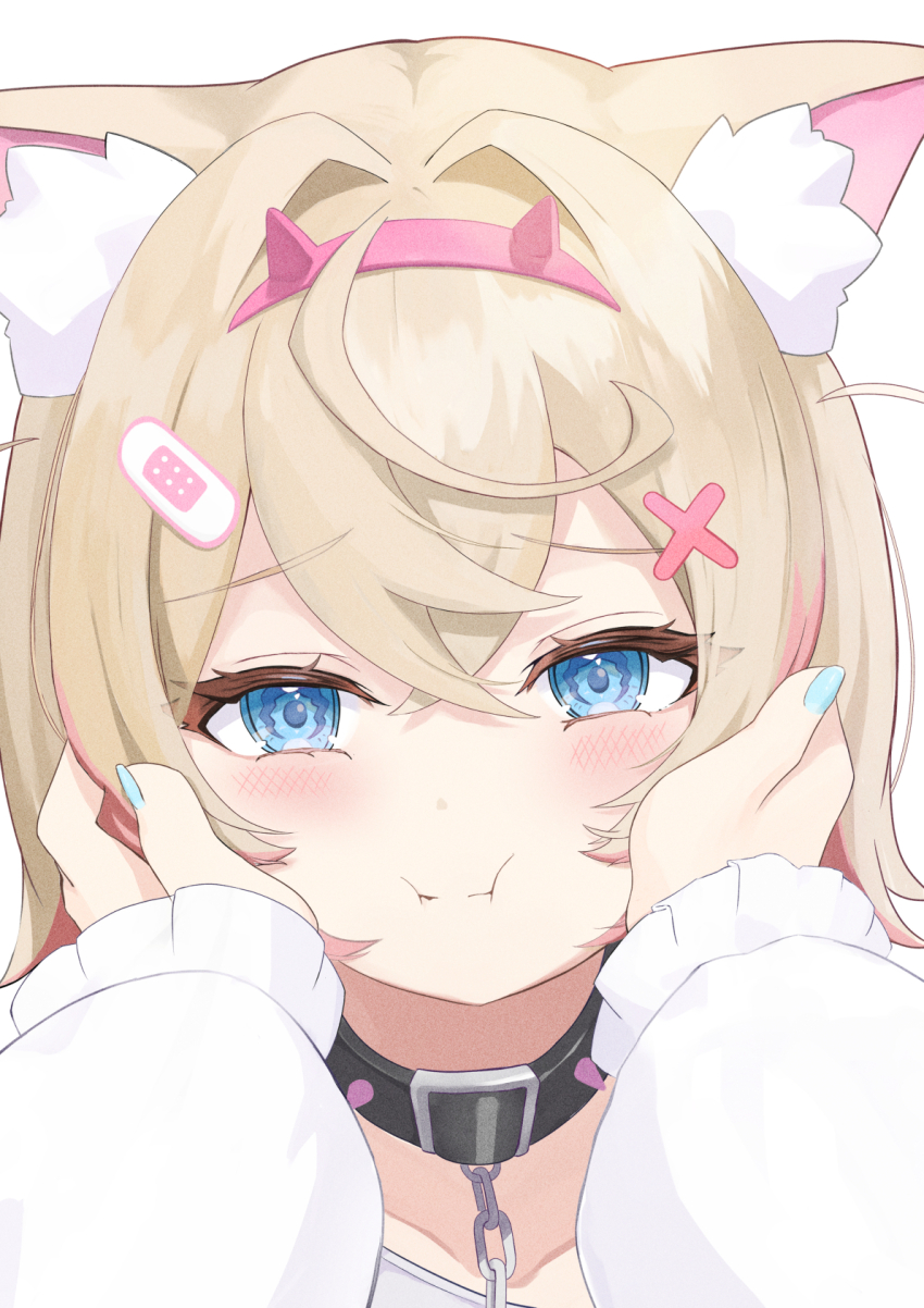 2girls :i animal_ear_fluff animal_ears bandaid bandaid_hair_ornament black_collar blonde_hair blue_eyes blue_nails blush closed_mouth collar colored_inner_animal_ears crossed_bangs dog_ears dog_girl female_pov frilled_sleeves frills fuwawa_abyssgard hair_between_eyes hair_intakes hair_ornament hairband hands_on_another&#039;s_cheeks hands_on_another&#039;s_face highres hololive hololive_english horn_hairband long_sleeves mococo_abyssgard multicolored_hair multiple_girls paru_(parunprunpa) pink_hair pink_hairband pout pov siblings sisters streaked_hair virtual_youtuber x_hair_ornament