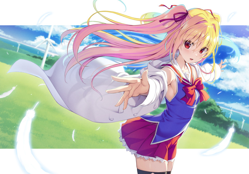 1girl bare_shoulders black_thighhighs blonde_hair blue_shirt blush bow bowtie coat commentary_request cowboy_shot day eyes_visible_through_hair falling_feathers feathers floating_hair foreshortening hair_between_eyes hair_intakes hair_ribbon happy highres irotoridori_no_sekai lab_coat letterboxed long_hair looking_at_viewer miniskirt nikaidou_shinku open_clothes open_coat outdoors outside_border outstretched_arms outstretched_hand pleated_skirt red_bow red_bowtie red_eyes red_ribbon red_skirt ribbon sailor_collar school_uniform serafuku shirt sidelighting skirt sleeveless sleeveless_shirt slit_pupils solo thighhighs two_side_up white_sailor_collar wind_turbine windmill yuzu_modoki zettai_ryouiki