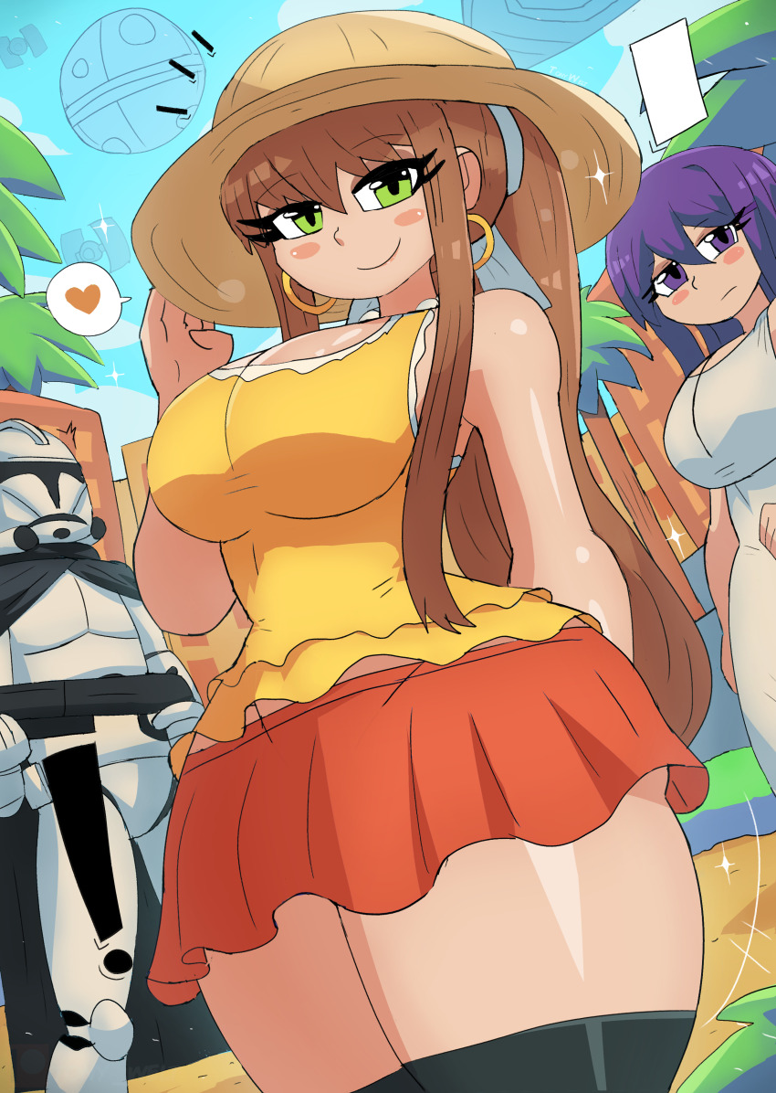 ! 1boy 2girls absurdres armor black_cape black_thighhighs blush breasts brown_hair building cape cleavage clone_trooper cloud crossover death_star doki_doki_literature_club dress earrings energy_gun green_eyes gun hair_ribbon hat heart helmet highres holding holding_gun holding_weapon hoop_earrings jewelry large_breasts long_hair looking_at_viewer monika_(doki_doki_literature_club) multiple_girls orange_skirt palm_tree ponytail purple_eyes purple_hair ray_gun ribbon shirt short_sleeves sidelocks skirt sky sleeveless sleeveless_dress smile spacecraft sparkle speech_bubble spoken_heart standing star_destroyer star_wars thick_thighs thighhighs thighs tie_fighter tony_welt tree weapon white_armor white_dress white_helmet white_ribbon wide_hips yellow_shirt yuri_(doki_doki_literature_club)