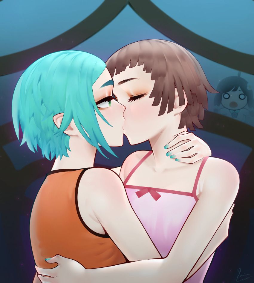 3girls absurdres araragi_tsukihi blue_hair blue_nails brown_hair camisole closed_eyes commentary commission english_commentary hand_on_another&#039;s_back hand_on_another&#039;s_neck highres kiss monogatari_(series) multiple_girls nademonogatari ononoki_yotsugi orange_shirt piancaesar pink_camisole pointy_ears sengoku_nadeko shirt short_hair sleeveless sleeveless_shirt sweat upper_body yuri