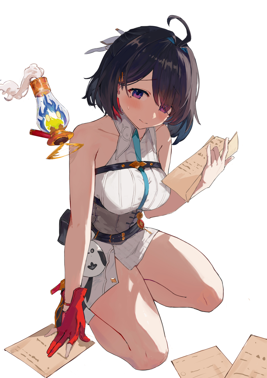 1girl absurdres ahoge atelier_(series) atelier_yumia bare_shoulders blush breasts commentary corset dress english_commentary gloves grey_hair highres kilam looking_at_viewer medium_breasts medium_hair purple_eyes red_gloves single_glove sitting solo sweatdrop white_background white_dress yumia_liessfeldt