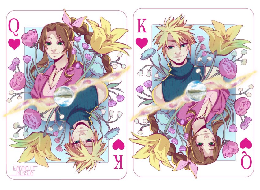 1boy 1girl aerith_gainsborough artist_name bare_shoulders blonde_hair blue_eyes blue_shirt border breasts brown_hair card choker closed_mouth cloud_strife dress flower flower_choker gabbinesss green_eyes hair_between_eyes highres jacket king_(playing_card) king_of_hearts_(playing_card) lily_(flower) materia medium_breasts pink_dress pink_flower playing_card queen_(playing_card) queen_of_hearts_(playing_card) red_jacket shirt short_hair sleeveless sleeveless_turtleneck smile spiked_hair turtleneck upper_body white_border yellow_flower