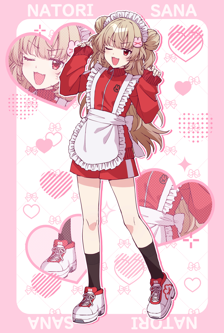 1girl ;d absurdres apron black_socks border brown_hair character_name double_bun frilled_apron frills gym_shorts hair_bun hair_ornament hands_up heart highres jacket jersey_maid long_hair long_sleeves looking_at_viewer maid maid_headdress natori_sana one_eye_closed open_mouth pinching_sleeves pink_border puffy_long_sleeves puffy_sleeves rabbit_hair_ornament red_eyes red_jacket red_shorts sana_channel shoes shorts sleeves_past_wrists smile socks solo somechime_(sometime1209) standing standing_on_one_leg track_jacket unconventional_maid v-shaped_eyebrows very_long_hair virtual_youtuber white_apron white_background white_shoes zoom_layer